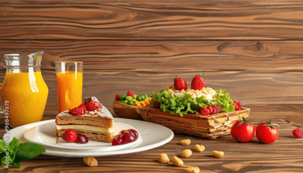 Fresh Fruit Salad and Cake Plate with Wooden Table Background Fresh Fruit Salad and Cake Plate with Wooden Table Background