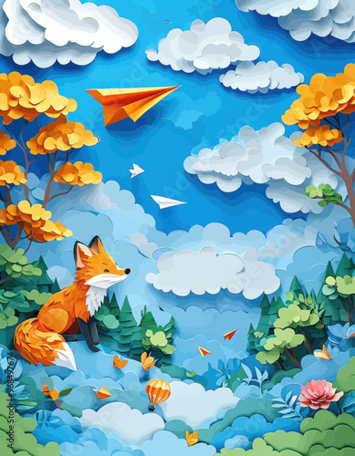 Fox in a forest with kites and clouds