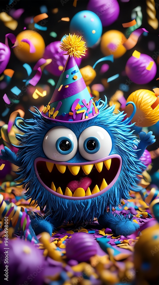 A vibrant furry monster celebrating a party with colorful decorations and confetti, radiating joy and excitement. A vibrant furry monster celebrating a party with colorful decorations and confetti, radiating joy and excitement.