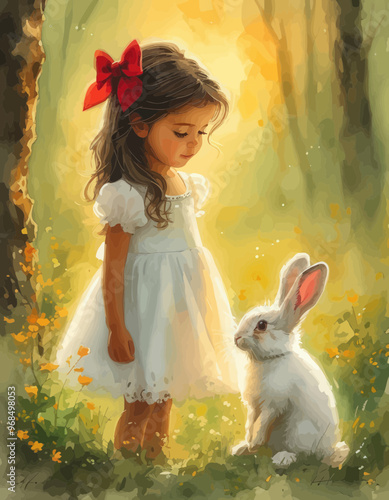 Girl and Bunny in a Sunlit Forest