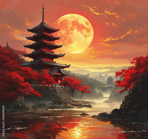 Glowing Moon Over a Traditional Japanese Temple at Sunset