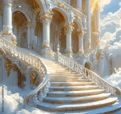 Golden Palace Staircase with Cloudscape in the Background