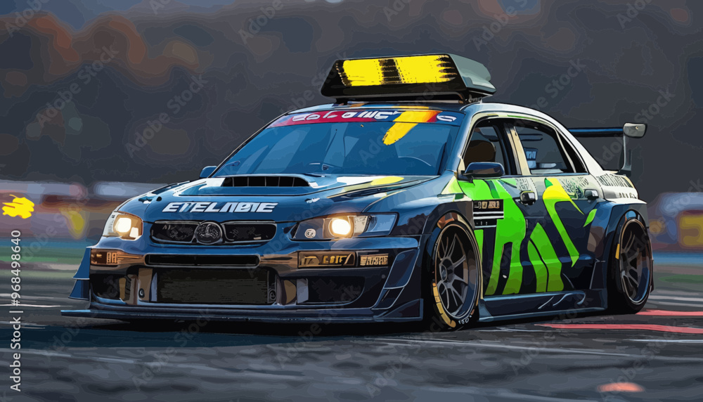 High-Performance Car with Yellow Light on Top, Racing on Track High-Performance Car with Yellow Light on Top, Racing on Track