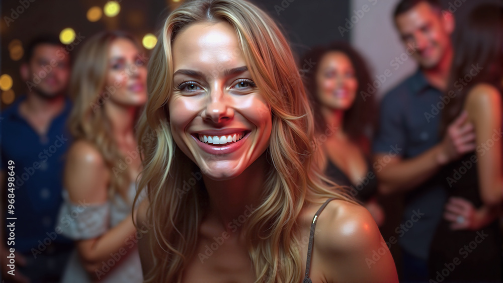 Smiling Woman at a Party with Friends in the Background Smiling Woman at a Party with Friends in the Background