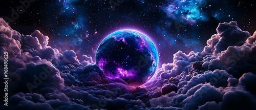 A stunning cosmic scene featuring a colorful planet emerging from vibrant, swirling clouds in a starry sky.