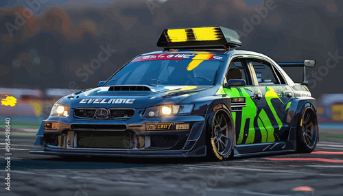 High-Performance Car with Yellow Light on Top, Racing on Track