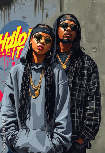 Hip-Hop Duo: Rapper and Rapper with Gold Chains and Sunglasses