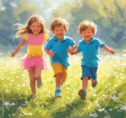 Joyful Children Running in a Field of Flowers