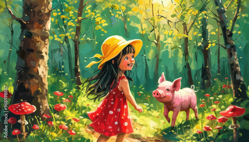 Joyful Encounter in the Forest: A Little Girl and a Pink Pig