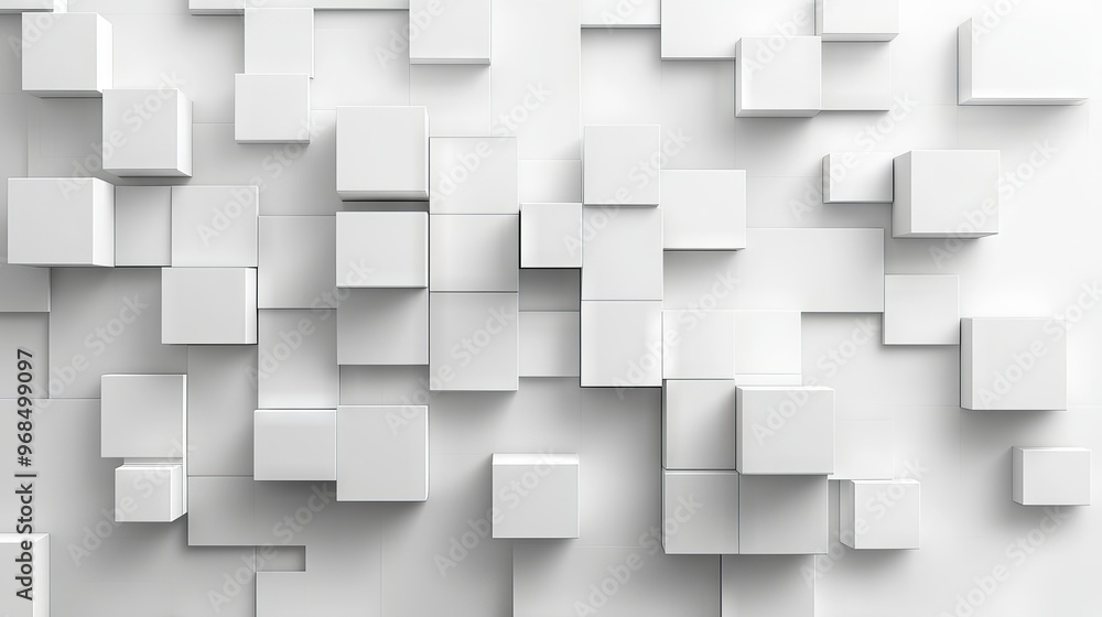 Abstract background of randomly shifted white cube boxes with geometric block patterns, modern minimalist design, ideal for banner wallpapers with copy space, perfect for digital layouts, tech-inspire