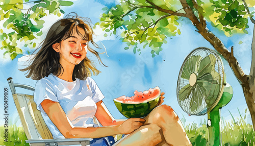 Joyful Summer Moment: Woman Sitting in Chair with Watermelon and Fan