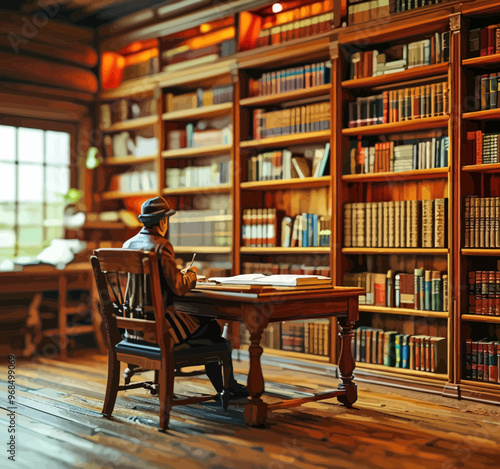 Librarian in a cozy study, surrounded by books and warm lighting