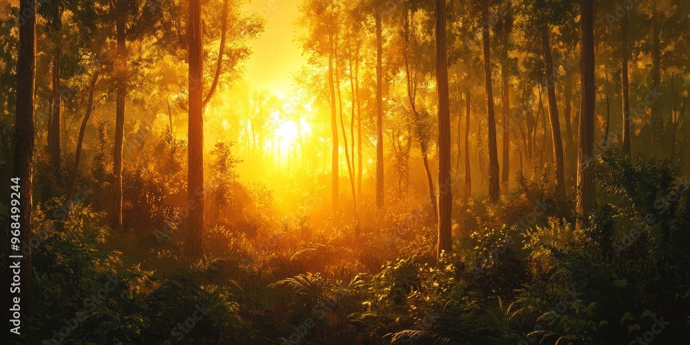 Fototapeta premium Desert sunsets blend with the forest, where the warm, golden light filters through the dense trees