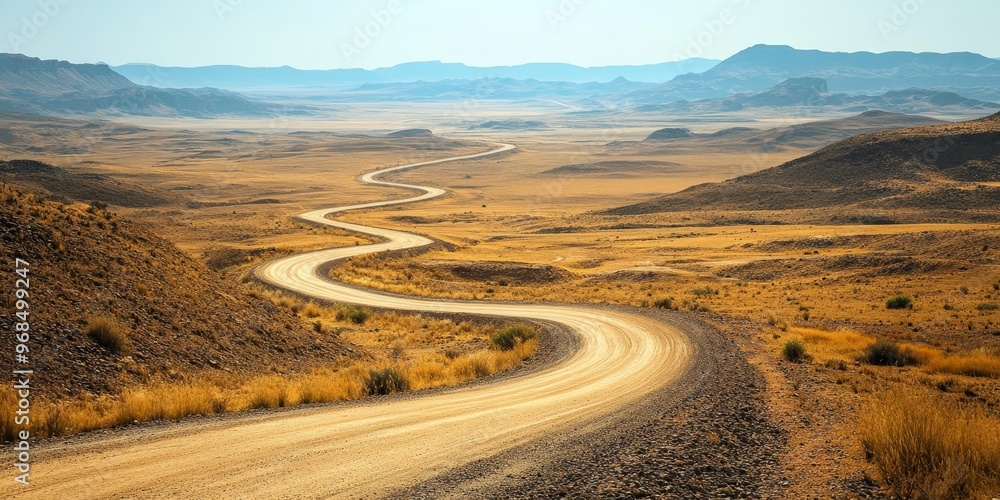 Fototapeta premium A winding rural road cuts through a desert landscape, where the sandy track stretches out towards the horizon