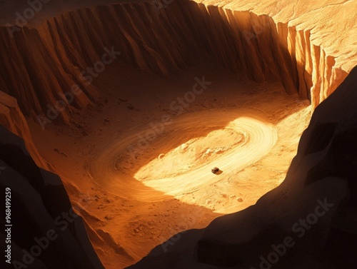 Aerial view of a vast desert canyon with dramatic cliffs and winding paths carved into the sandy terrain, bathed in golden sunlight.