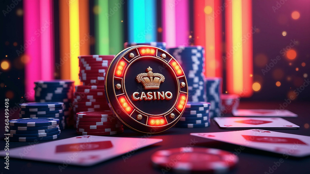 Fototapeta premium Casino Neon Sign with Poker Chips and Cards Illustration