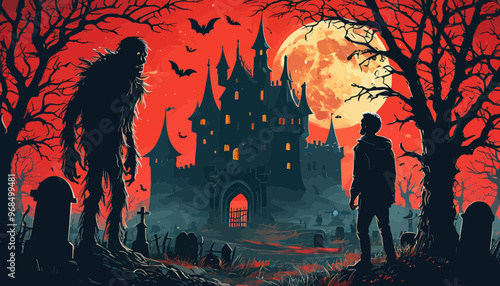 Moonlit Halloween Night: A Gothic Castle and Two Silhouetted Figures