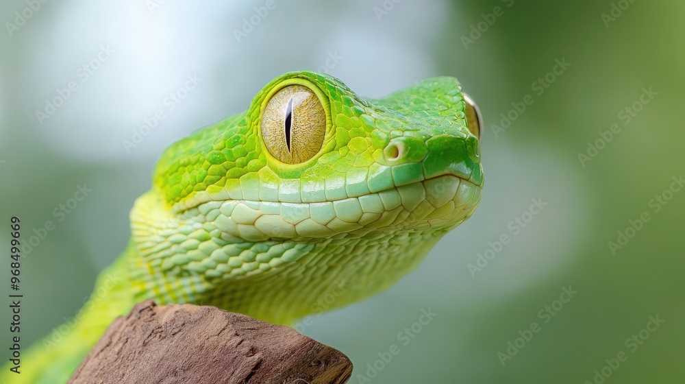 Fototapeta premium Close-up of a vibrant green frog resting on a branch, showcasing its unique features and colors in a natural setting.