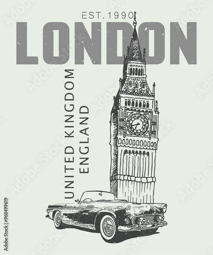 London city concept, London united kingdom T shirt, London city typography graphic for print,t-shirt design, retro car, London poster abstract design. t-shirt print on white background.