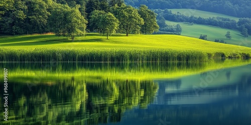 The serene lakefront of a countryside lake, where the clear waters reflect the vibrant green fields and trees