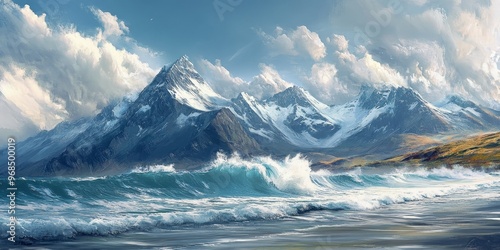 Wallpaper Mural The ocean surf meets mountain landscapes, where the energy of the waves contrasts with the stillness of the towering peaks Torontodigital.ca