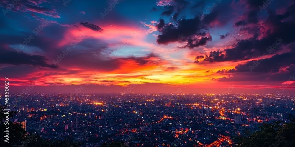 Fototapeta premium Sunset colors fill the urban sky, where the vivid hues blend with the city lights, creating a beautiful transition from day to night