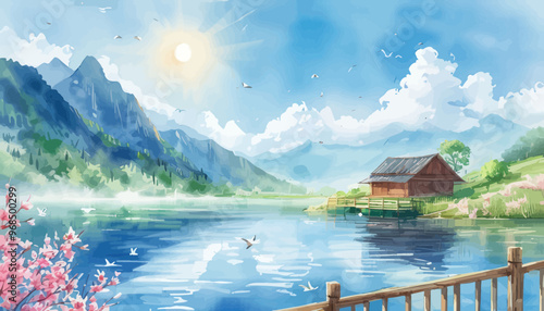 Peaceful Lake Scene with Wooden House and Birds