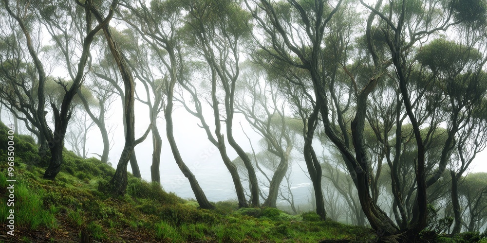 Naklejka premium Misty woodlands near the coast, where the fog drifts through the trees and towards the beach, blending land and sea