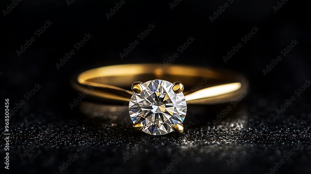 Closeup of a solitaire diamond engagement ring with a gold band, set on a black background. Closeup of a solitaire diamond engagement ring with a gold band, set on a black background.