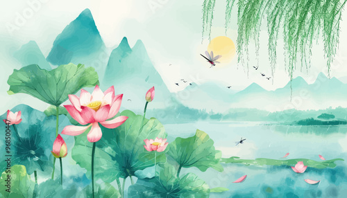 Peaceful Pond Scene with Lotus Flowers and Dragonflies