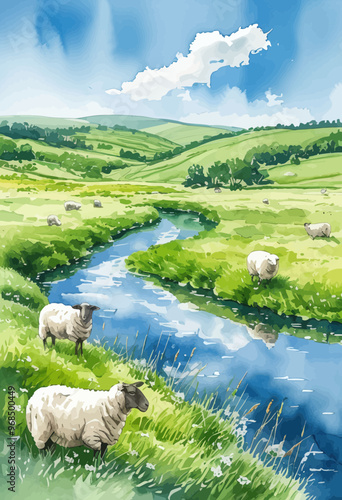 Peaceful Pastoral Scene with Sheep by a River