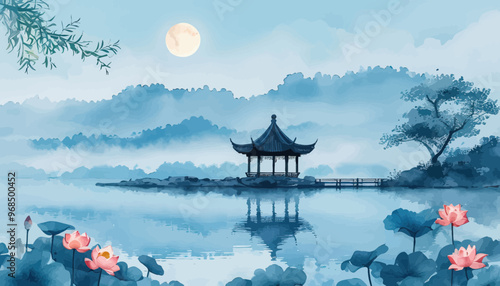 Peaceful Pond Scene with Traditional Pavilion and Lotus Flowers