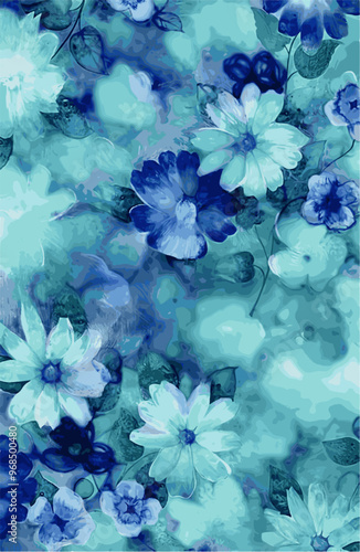 Watercolor floral pattern in blue and turquoise hues with delicate flowers and leaves, evoking tranquility and natural beauty.