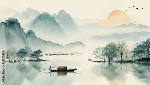 Peaceful River Scene with Boat and Mountains