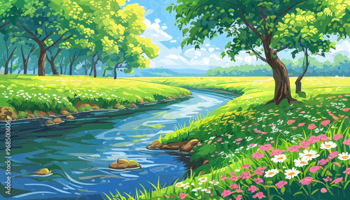 Peaceful Riverbank with Wildflowers and Trees