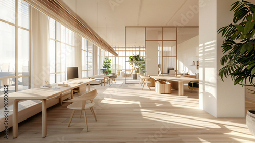 A modern and bright office interior bathed in natural light, featuring minimalist furniture, plants, and an open layout, promoting a productive work environment.
