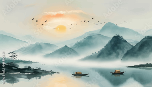 Peaceful Scenery of Mountains and Lakes