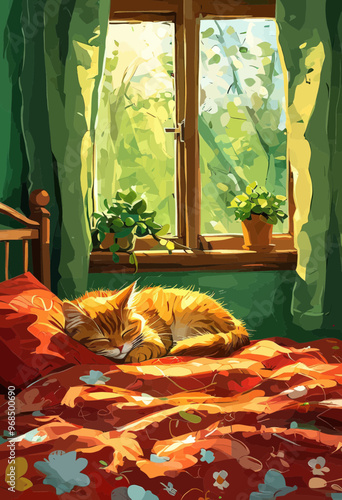 Peaceful Sleep: An Orange Tabby Cat Napping in a Cozy Bedroom