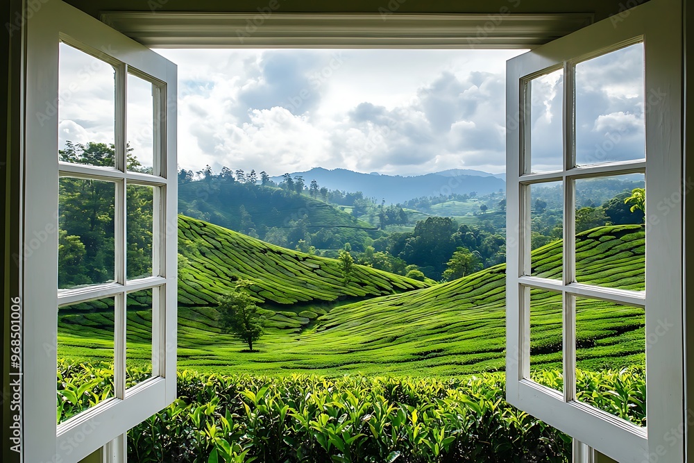 A picturesque view of a rolling tea plantation through an open window. A picturesque view of a rolling tea plantation through an open window.