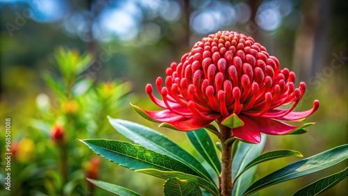 Single red waratah bloom with bush in background Panoramic, wildflower, red,waratah, flora, background, single, vibrant, close-up, nature, petals, scenic, native, australia, outdoor, plant