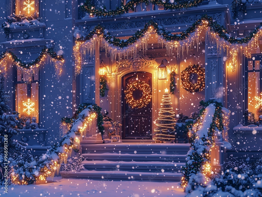 Obraz premium Elegant townhouse with Christmas decorations and white garlands
