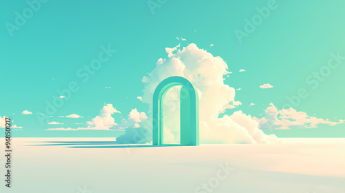 A serene digital artwork depicting a mint green archway emerging from fluffy clouds against a clear sky, creating a dreamlike atmosphere that evokes feelings of wonder and exploration.