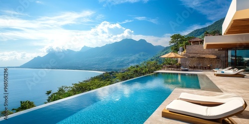 A luxurious seaside resort with mountain landscapes in the background, the infinity pool blending with the ocean view