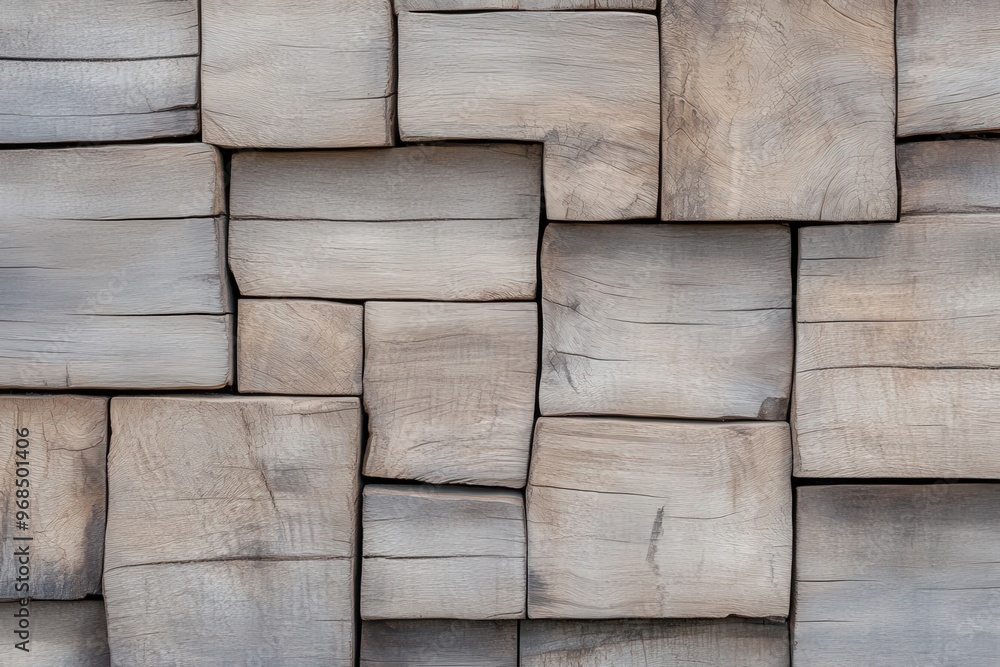 A close-up view of textured wooden blocks arranged in a unique pattern, showcasing nature's beauty and craftsmanship.