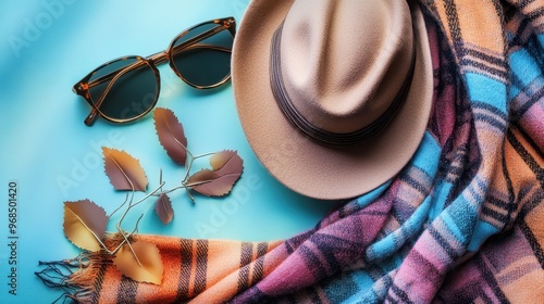 Autumn Fashion Accessories on Vibrant Blue Background