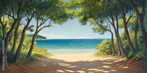 Tranquil woodlands frame a peaceful beach scene, where the stillness of the trees contrasts with the gentle sea