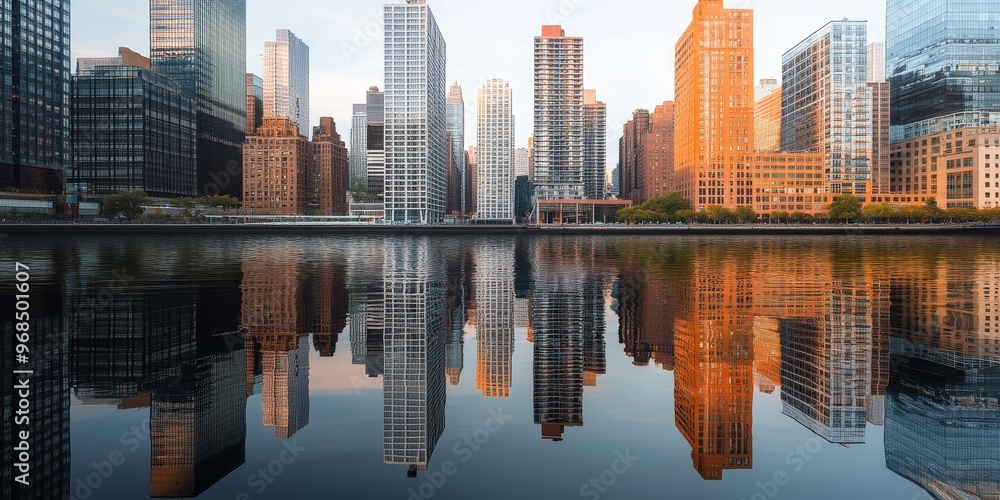 Obraz premium metropolitan views by a river, where the tall buildings are perfectly mirrored in the still waters