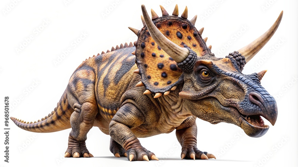 Fototapeta premium A detailed photograph featuring a Pachyrhinosaurus dinosaur isolated on a white background showcasing its unique facial features and horned skull, herbivore, prehistoric, animal