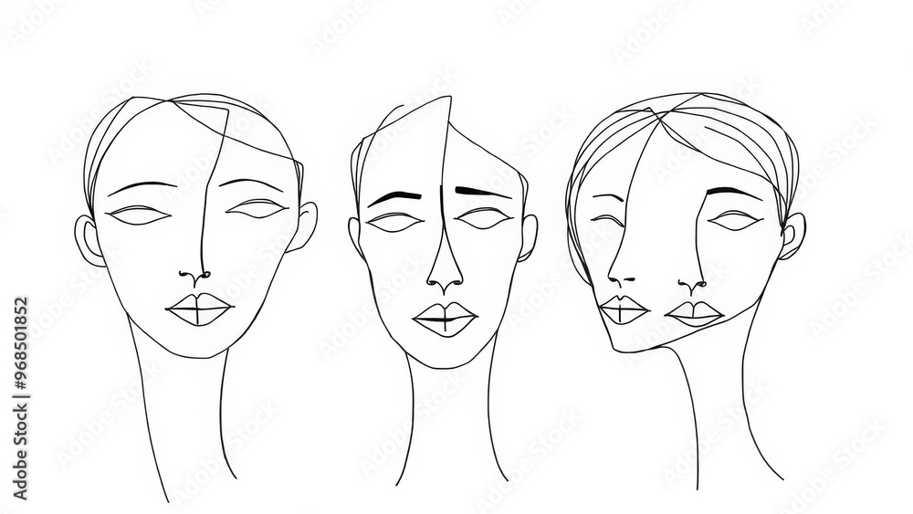 Abstract line drawing of three overlapping female faces with geometric shapes. Minimalist black and white sketch. Identity and abstract perception of human features concept Abstract line drawing of three overlapping female faces with geometric shapes. Minimalist black and white sketch. Identity and abstract perception of human features concept