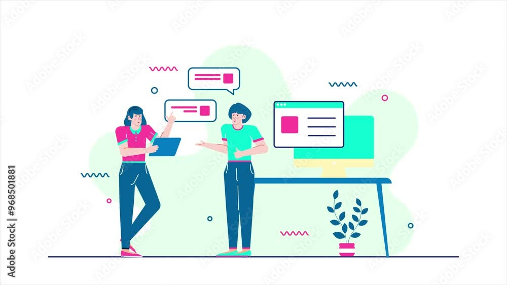 Illustration of two people discussing digital content and communication in a modern office setting with computer display Illustration of two people discussing digital content and communication in a modern office setting with computer display